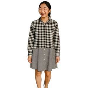 POL BOHO Oversized Small Black and White Checked Gingham Dress Frayed Hem